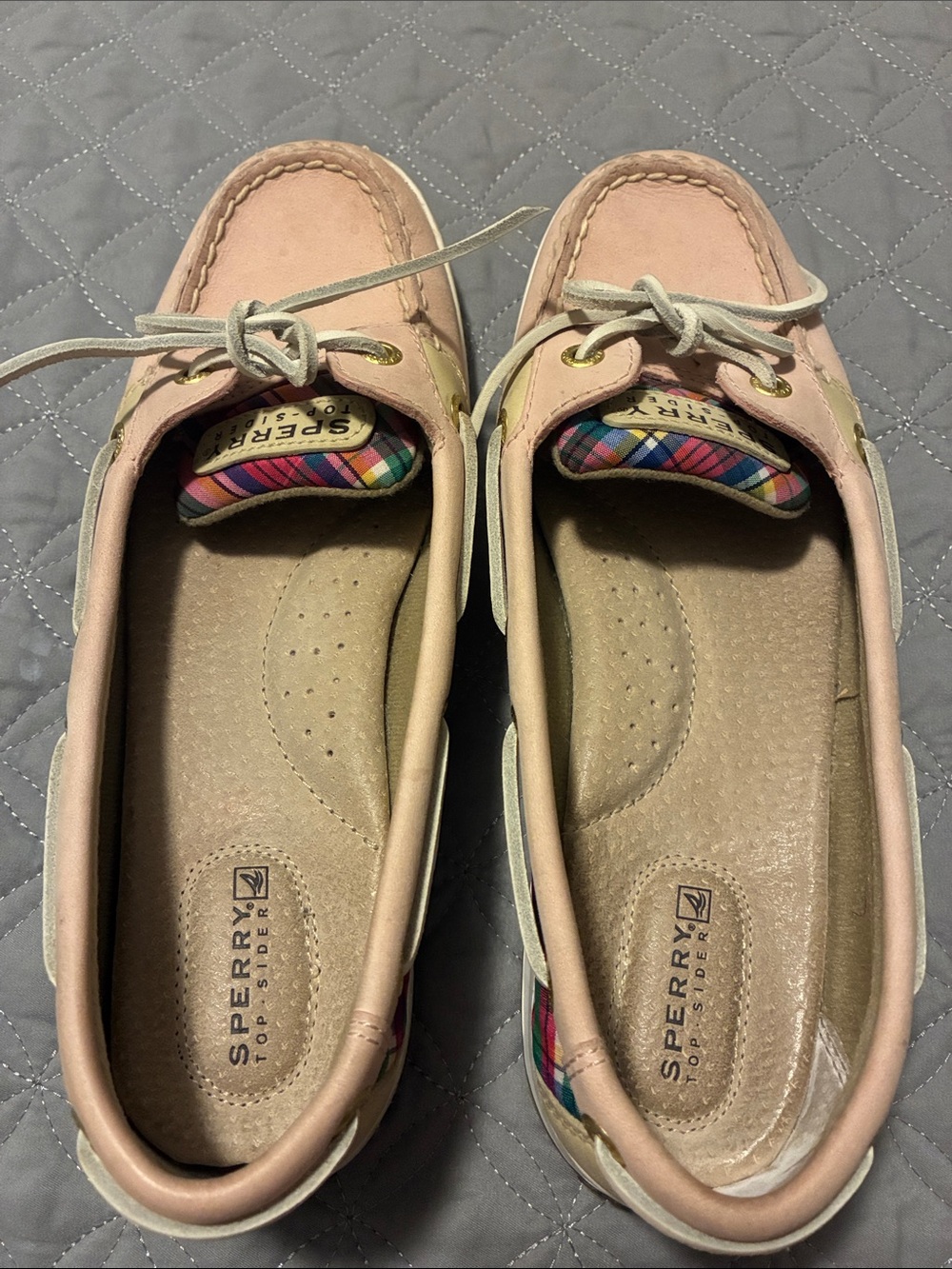 Sperry Pink Leather Women’s Boat Moccasins with Plaid Tongue